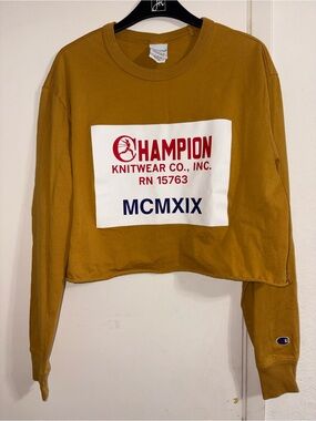 Champion Cropped Top Women Mustard Crew Neck Long Sleeve Graphic Pullover Large